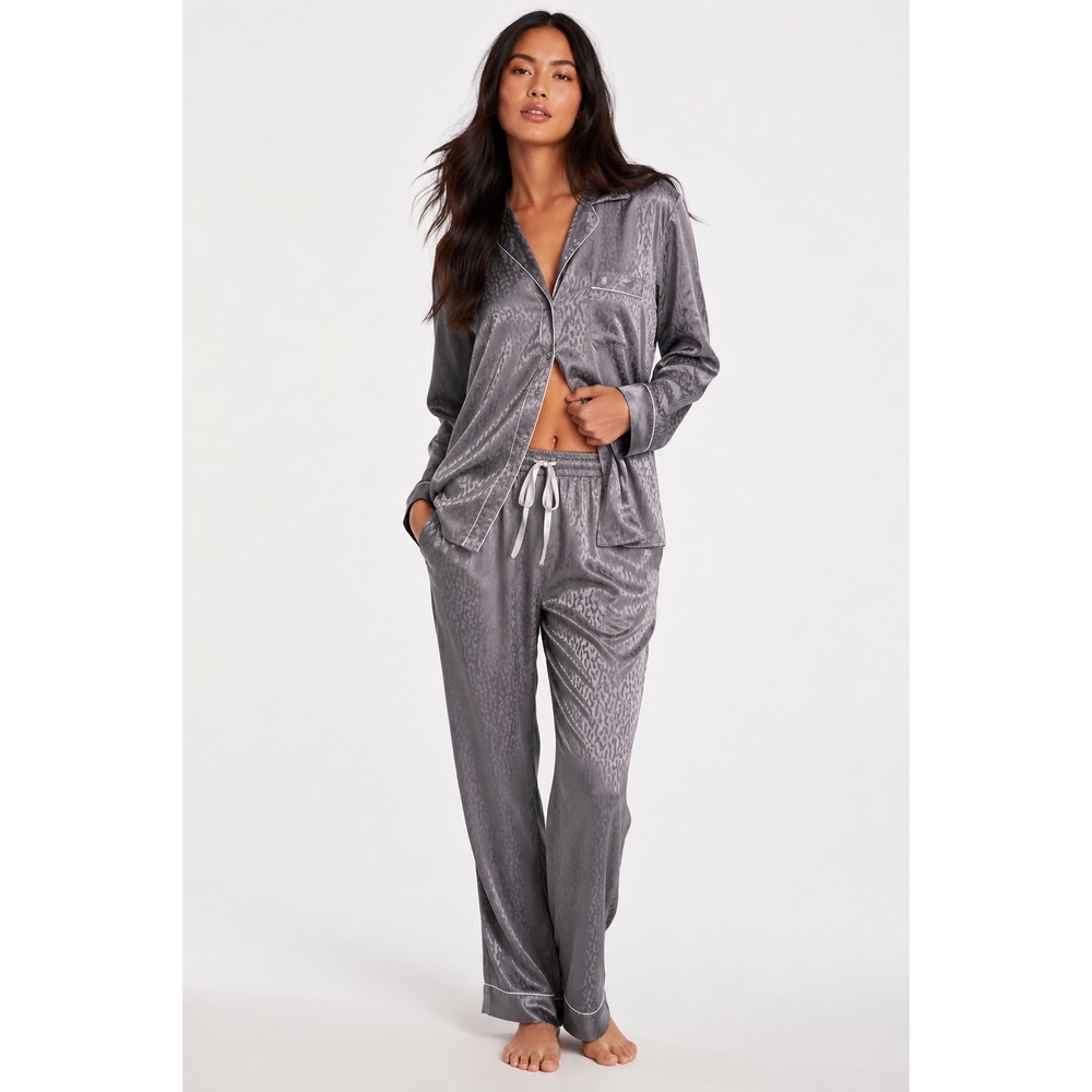 Victoria's Secret Satin Leopard Pajama Set Gray Long Small NWT